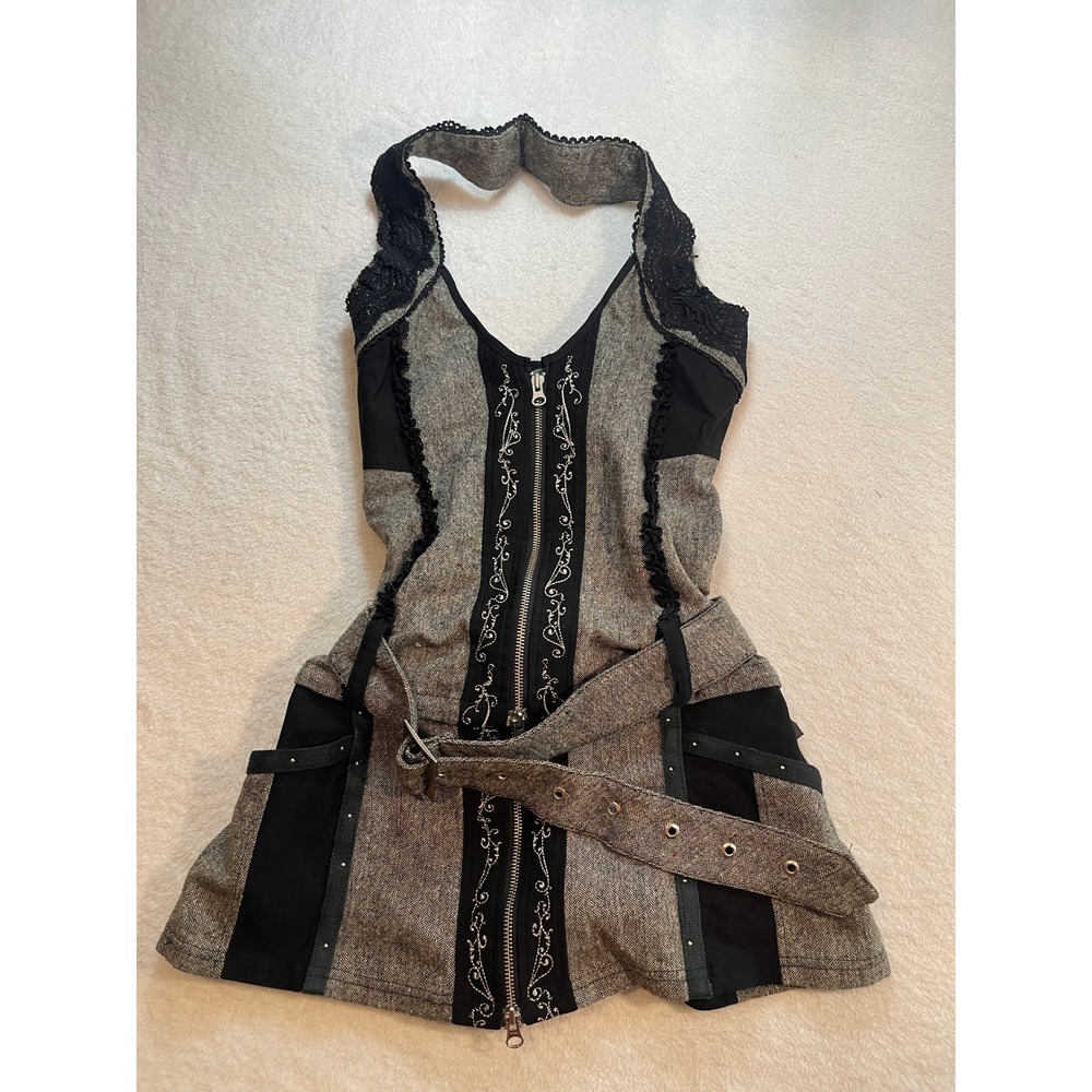Ozz On Japan Gothic Steampunk Halter Vest Top Grey Tweed Lace Up Corset Back